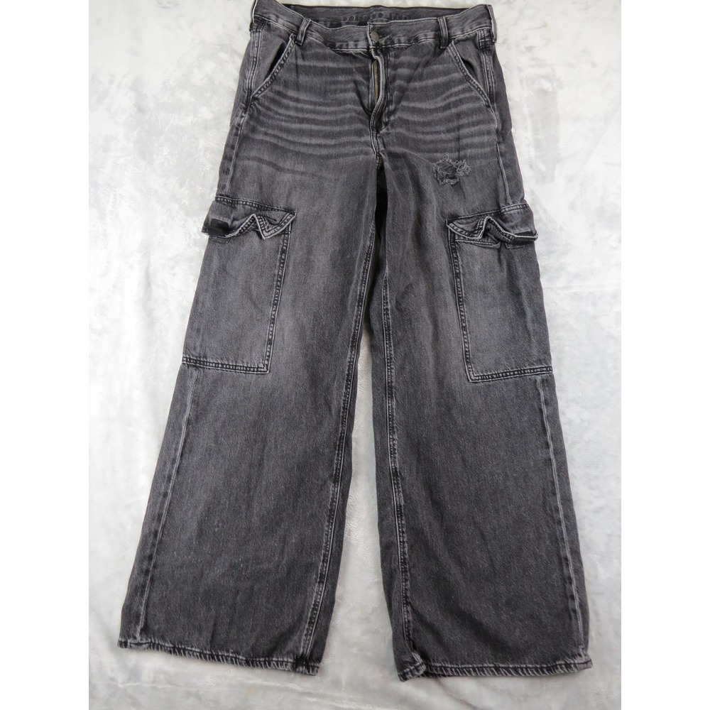 American Eagle Women Y2K Baggy Cargo Jeans 12 Black Wide Leg Streetwear Grunge